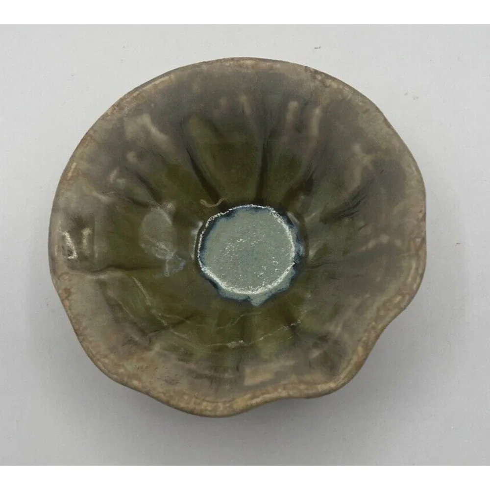 Pigeon River Pottery Bowl Signed Glaze Ruffled Edge Green Veining